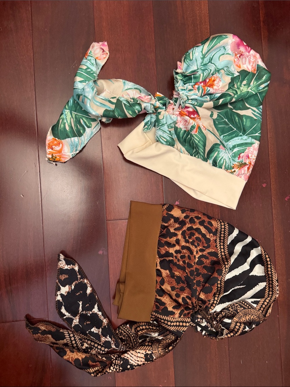 2 Floral Green Satin Hair Wrap & Leopard Print Scarf Set *Cancer